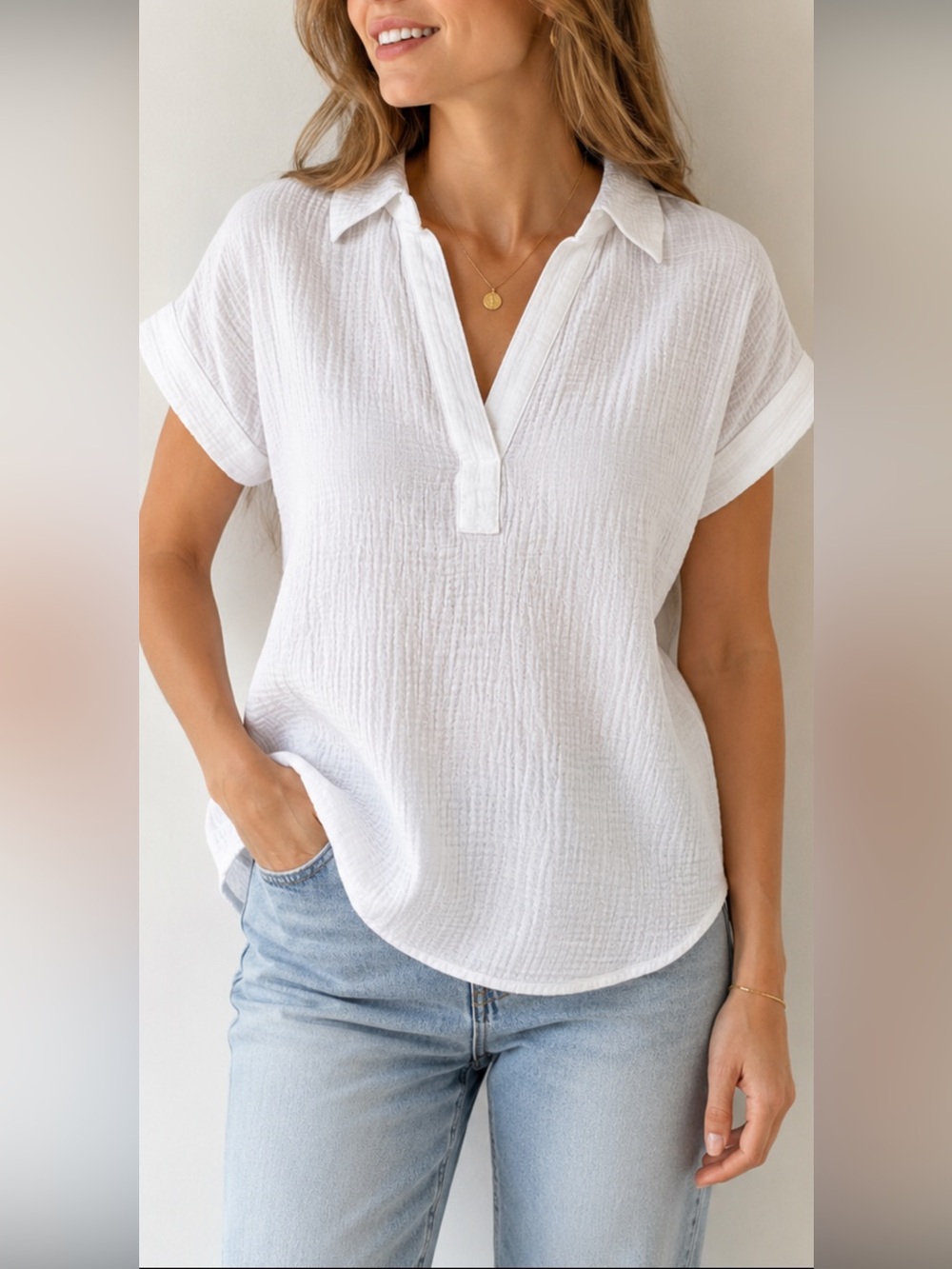 J.Crew Women’s XS White Crinkle Gauze Popover Shirt Short Sleeve NWT